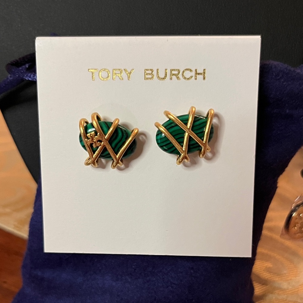 Tory Burch Roxanne Malachite and 18k Gold Plated Earrings